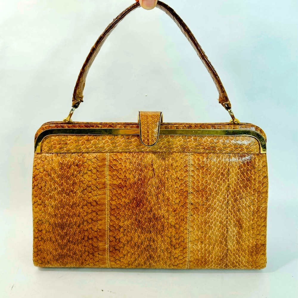Mid Century Python Bag Brown Snakeskin Frame Box … - image 1